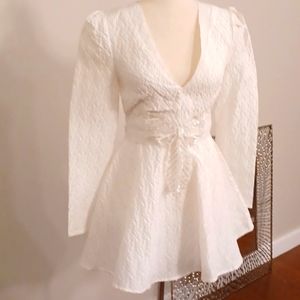 Sister Jane Amelie dress white jacquard v neck beaded bow mini dress XS